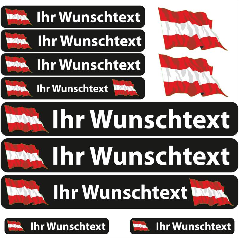 INDIGOS UG Fahrrad Aufkleber Österreich - 13 Fahnenaufkleber wehend - Sticker selbst gestalten - Fahrrad - Auto - Motorrad - Namensaufkleber wasserfest personalisiert - Wunschtext - Flaggen der Welt von INDIGOS UG