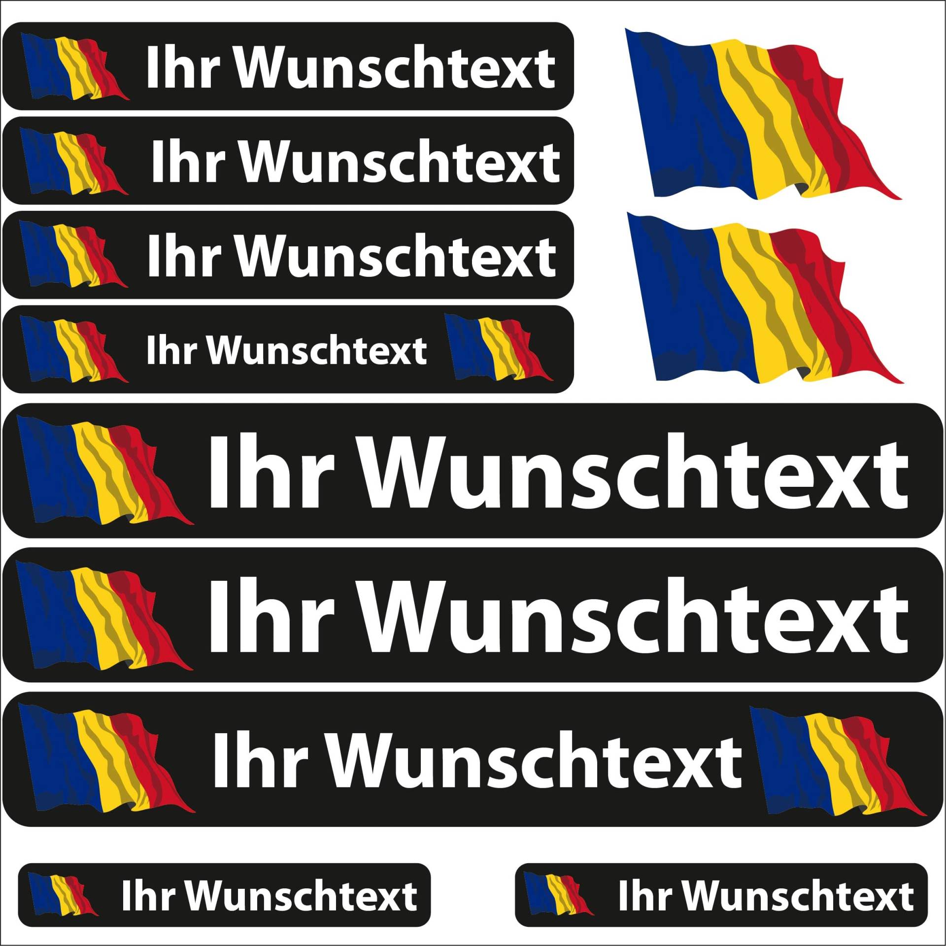 INDIGOS UG Fahrrad Aufkleber Rumänien - 13 Fahnenaufkleber wehend - Sticker selbst gestalten - Fahrrad - Auto - Motorrad - Namensaufkleber wasserfest personalisiert - Wunschtext - Flaggen der Welt von INDIGOS UG