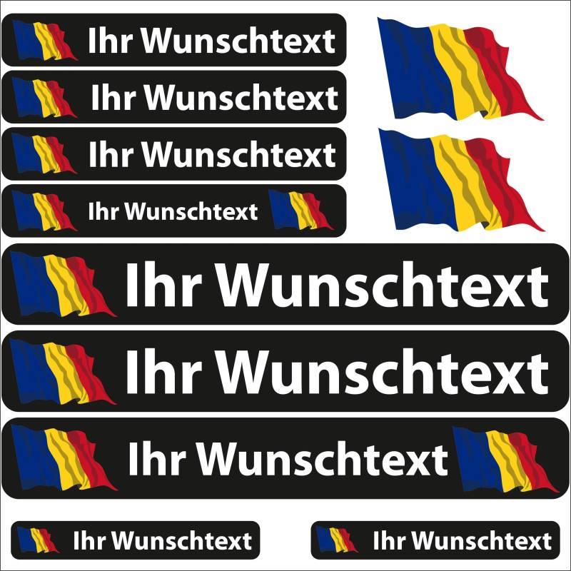 INDIGOS UG Fahrrad Aufkleber Rumänien - 13 Fahnenaufkleber wehend - Sticker selbst gestalten - Fahrrad - Auto - Motorrad - Namensaufkleber wasserfest personalisiert - Wunschtext - Flaggen der Welt von INDIGOS UG