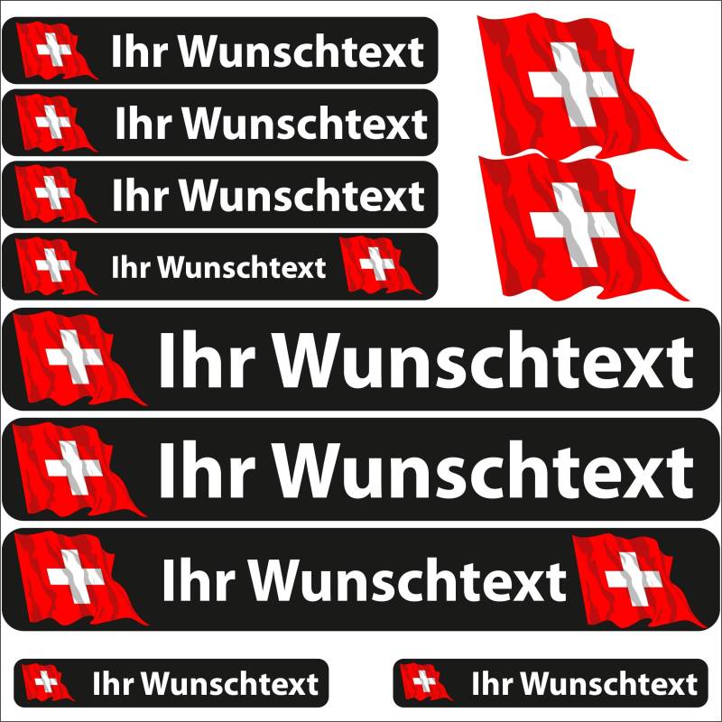 INDIGOS UG Fahrrad Aufkleber Schweiz - 13 Fahnenaufkleber wehend - Sticker selbst gestalten - Fahrrad - Auto - Motorrad - Namensaufkleber wasserfest personalisiert - Wunschtext - Flaggen der Welt von INDIGOS UG