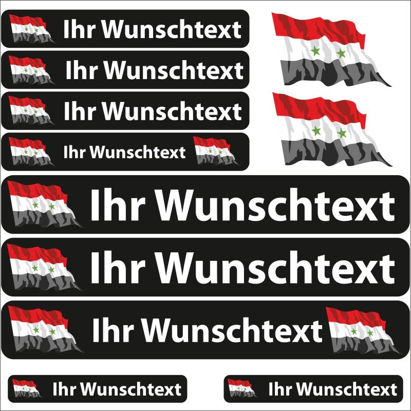 INDIGOS UG Fahrrad Aufkleber Syrien - 13 Fahnenaufkleber wehend - Sticker selbst gestalten - Fahrrad - Auto - Motorrad - Namensaufkleber wasserfest personalisiert - Wunschtext - Flaggen der Welt von INDIGOS UG