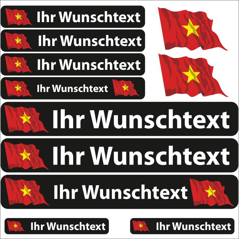 INDIGOS UG Fahrrad Aufkleber Vietnam - 13 Fahnenaufkleber wehend - Sticker selbst gestalten - Fahrrad - Auto - Motorrad - Namensaufkleber wasserfest personalisiert - Wunschtext - Flaggen der Welt von INDIGOS UG