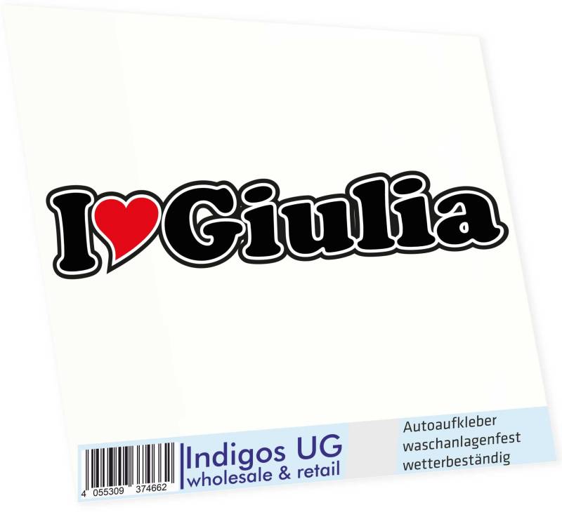 INDIGOS UG Auto Aufkleber I Love Giulia 15 cm - Autoaufkleber - KFZ Sticker selbstklebend - für Motorrad, Fenster oder Heckscheibe - wetterfest & UV-beständig Sticker mit Namen von Mann Frau Kind von INDIGOS UG