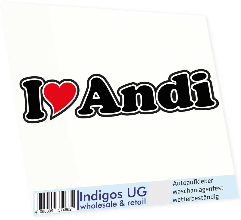 INDIGOS UG Auto Aufkleber I Love Andi 15 cm - Autoaufkleber - KFZ Sticker selbstklebend - für Motorrad, Fenster oder Heckscheibe - wetterfest & UV-beständig Sticker mit Namen von Mann Frau Kind von INDIGOS UG
