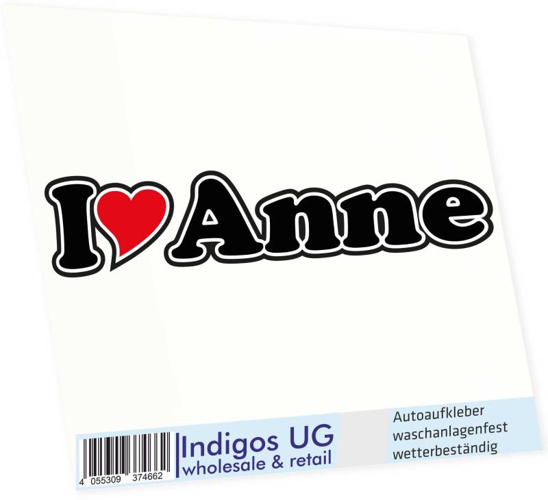 INDIGOS UG Auto Aufkleber I Love Anne 15 cm - Autoaufkleber - KFZ Sticker selbstklebend - für Motorrad, Fenster oder Heckscheibe - wetterfest & UV-beständig Sticker mit Namen von Mann Frau Kind von INDIGOS UG