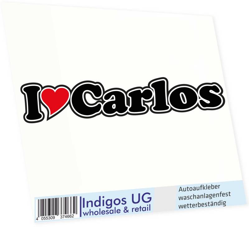 INDIGOS UG Auto Aufkleber I Love Carlos 15 cm - Autoaufkleber - KFZ Sticker selbstklebend - für Motorrad, Fenster oder Heckscheibe - wetterfest & UV-beständig Sticker mit Namen von Mann Frau Kind von INDIGOS UG