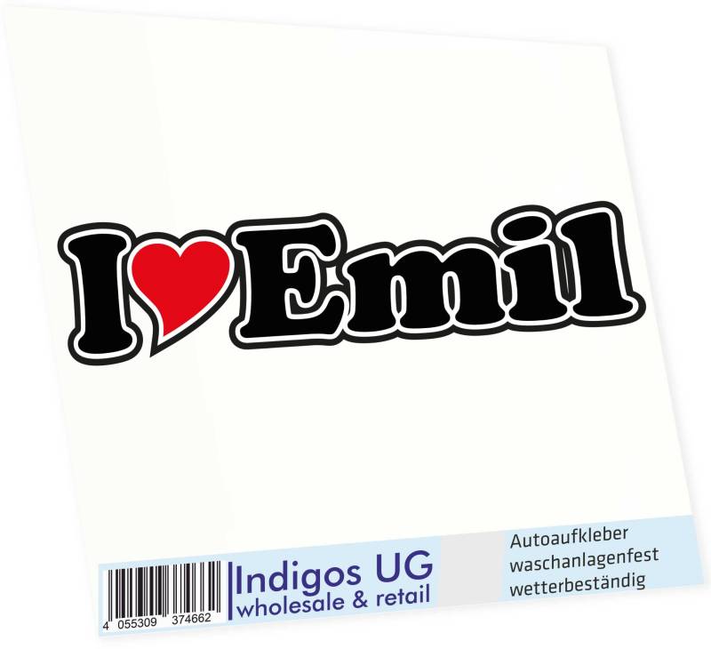 INDIGOS UG Auto Aufkleber I Love Emil 15 cm - Autoaufkleber - KFZ Sticker selbstklebend - für Motorrad, Fenster oder Heckscheibe - wetterfest & UV-beständig Sticker mit Namen von Mann Frau Kind von INDIGOS UG