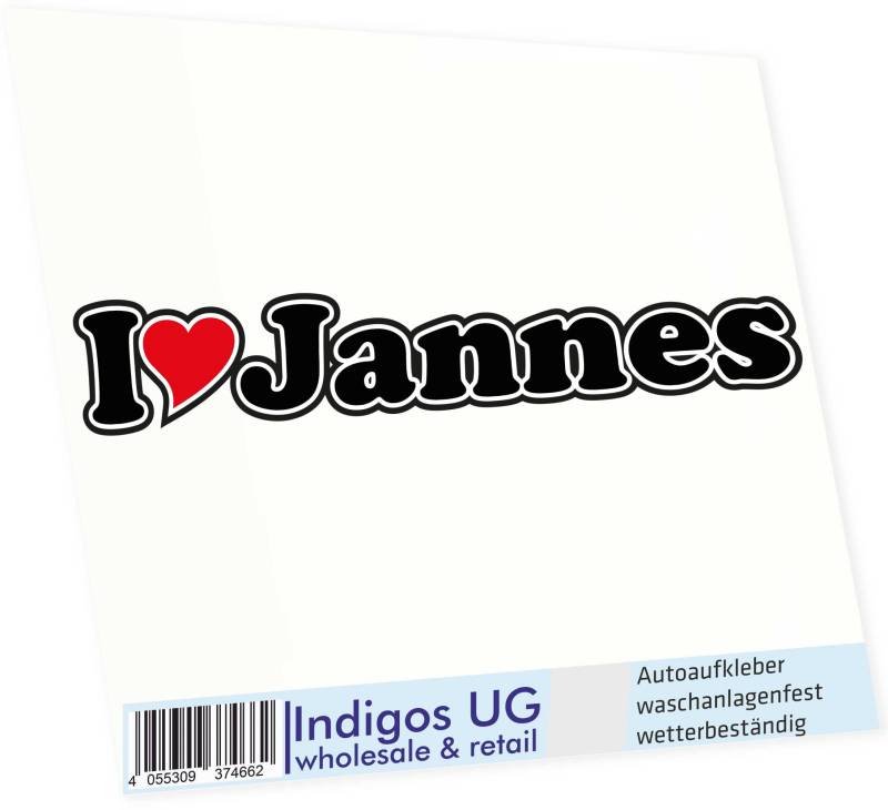 INDIGOS UG Auto Aufkleber I Love Jannes 15 cm - Autoaufkleber - KFZ Sticker selbstklebend - für Motorrad, Fenster oder Heckscheibe - wetterfest & UV-beständig Sticker mit Namen von Mann Frau Kind von INDIGOS UG