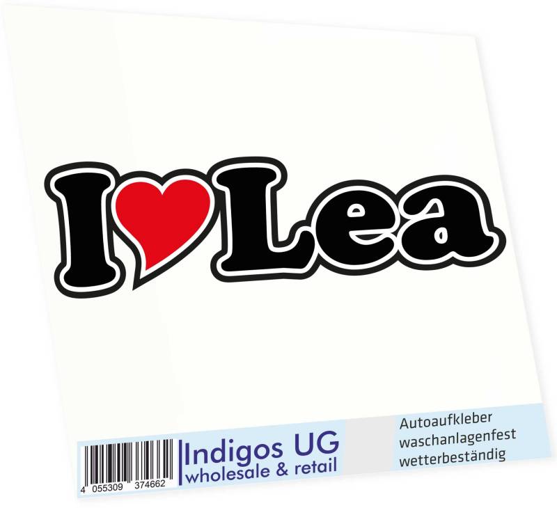 INDIGOS UG Auto Aufkleber I Love Lea 15 cm - Autoaufkleber - KFZ Sticker selbstklebend - für Motorrad, Fenster oder Heckscheibe - wetterfest & UV-beständig Sticker mit Namen von Mann Frau Kind von INDIGOS UG