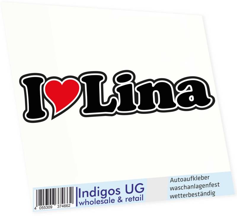 INDIGOS UG Auto Aufkleber I Love Lina 15 cm - Autoaufkleber - KFZ Sticker selbstklebend - für Motorrad, Fenster oder Heckscheibe - wetterfest & UV-beständig Sticker mit Namen von Mann Frau Kind von INDIGOS UG