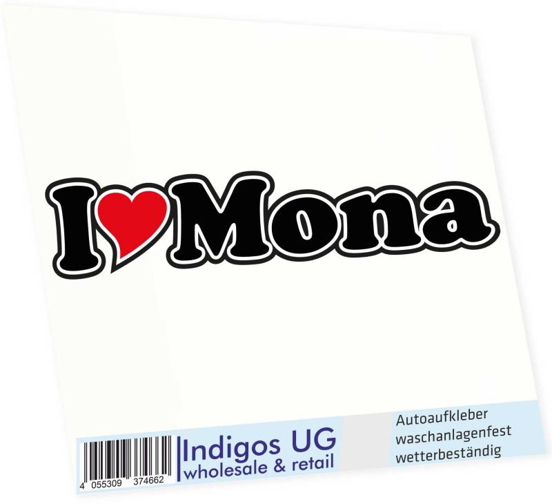 INDIGOS UG Auto Aufkleber I Love Mona 15 cm - Autoaufkleber - KFZ Sticker selbstklebend - für Motorrad, Fenster oder Heckscheibe - wetterfest & UV-beständig Sticker mit Namen von Mann Frau Kind von INDIGOS UG