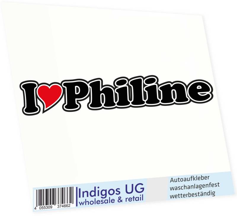 INDIGOS UG Auto Aufkleber I Love Philine 15 cm - Autoaufkleber - KFZ Sticker selbstklebend - für Motorrad, Fenster oder Heckscheibe - wetterfest & UV-beständig Sticker mit Namen von Mann Frau Kind von INDIGOS UG