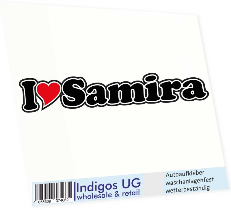 INDIGOS UG Auto Aufkleber I Love Samira 15 cm - Autoaufkleber - KFZ Sticker selbstklebend - für Motorrad, Fenster oder Heckscheibe - wetterfest & UV-beständig Sticker mit Namen von Mann Frau Kind von INDIGOS UG