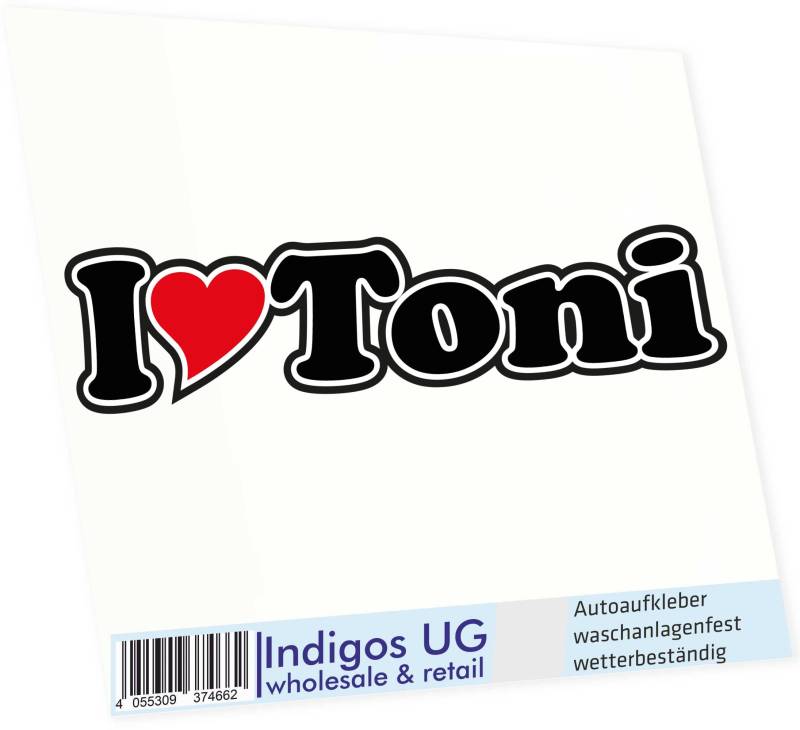 INDIGOS UG Auto Aufkleber I Love Toni 15 cm - Autoaufkleber - KFZ Sticker selbstklebend - für Motorrad, Fenster oder Heckscheibe - wetterfest & UV-beständig Sticker mit Namen von Mann Frau Kind von INDIGOS UG