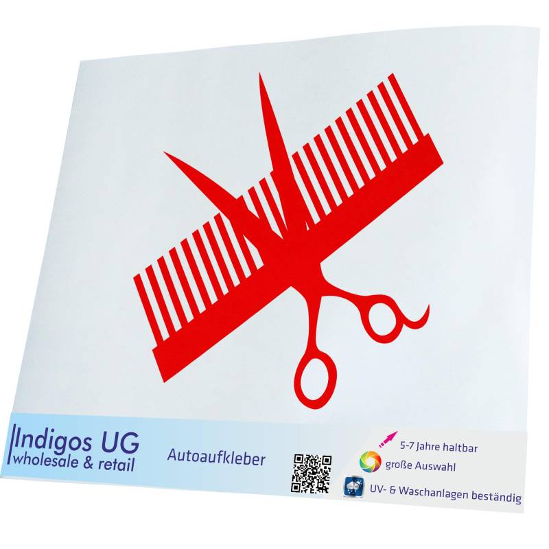 INDIGOS UG Auto Aufkleber Auto - 120x120 mm - Kamm & Schere - rot - Selbstklebender Sticker für Auto, Fenster, Bus oder LKW - UV-beständig & wetterfest von INDIGOS UG