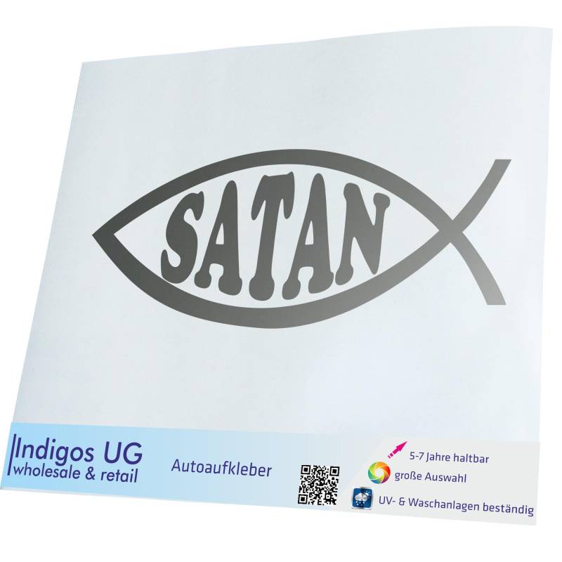INDIGOS UG Auto Aufkleber Auto - 160x60 mm - Satan Fisch - Silber - Selbstklebender Sticker für Auto, Fenster, Bus oder LKW - UV-beständig & wetterfest von INDIGOS UG