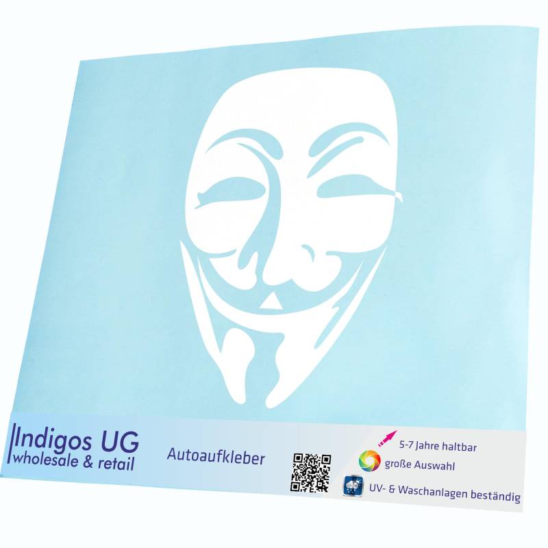 INDIGOS UG Auto Aufkleber Auto - 200x267 mm - Anonymous Maske - weiß - Selbstklebender Sticker für Auto, Fenster, Bus oder LKW von INDIGOS UG