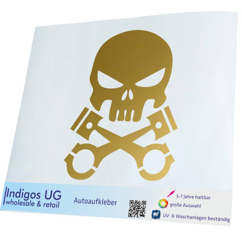 INDIGOS UG Auto Aufkleber Auto - 300x240 mm - Kolben Skull Schädel - Gold - Selbstklebender Sticker für Auto, Fenster, Bus oder LKW von INDIGOS UG