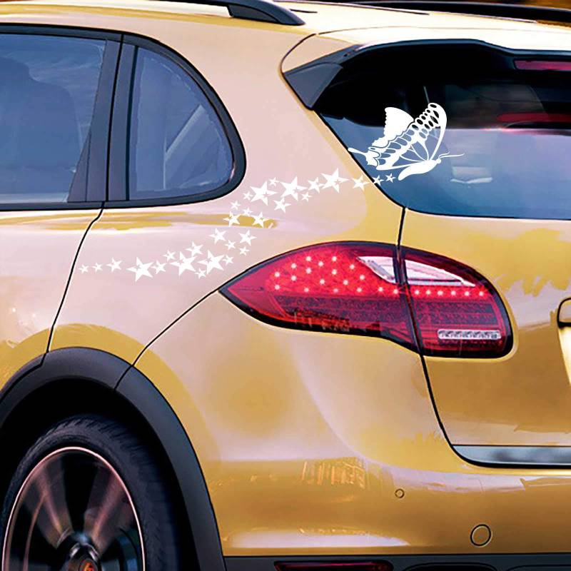 INDIGOS UG Auto Aufkleber Sternen Schmetterling 80cm x 43cm Weiß - Heckscheibe - Autoaufkleber selbstklebend - UV- & waschanlagen beständig - Tuning - Spoiler - Sticker von INDIGOS UG