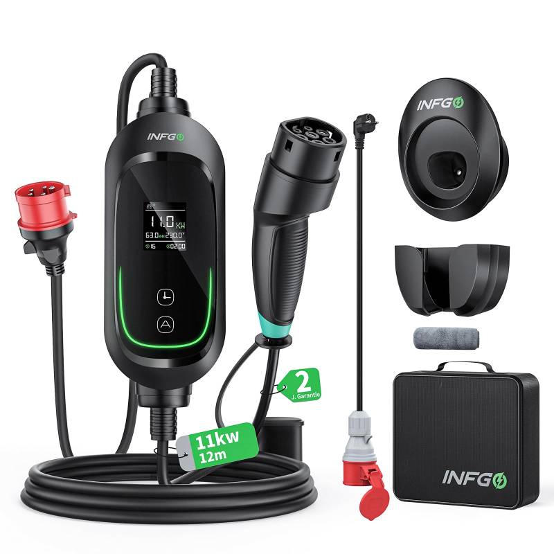 INFGO Mobile Wallbox 11kW [3-phasig, 12m, 6-16A], EV Charger mit Einstellbarer Ladeleistung & Timer-Funktion, Typ 2 Ladekabel CEE Stecker für Model Y/3, ID.3, i4, EQB, e-tron usw., Schwarz von INFGO
