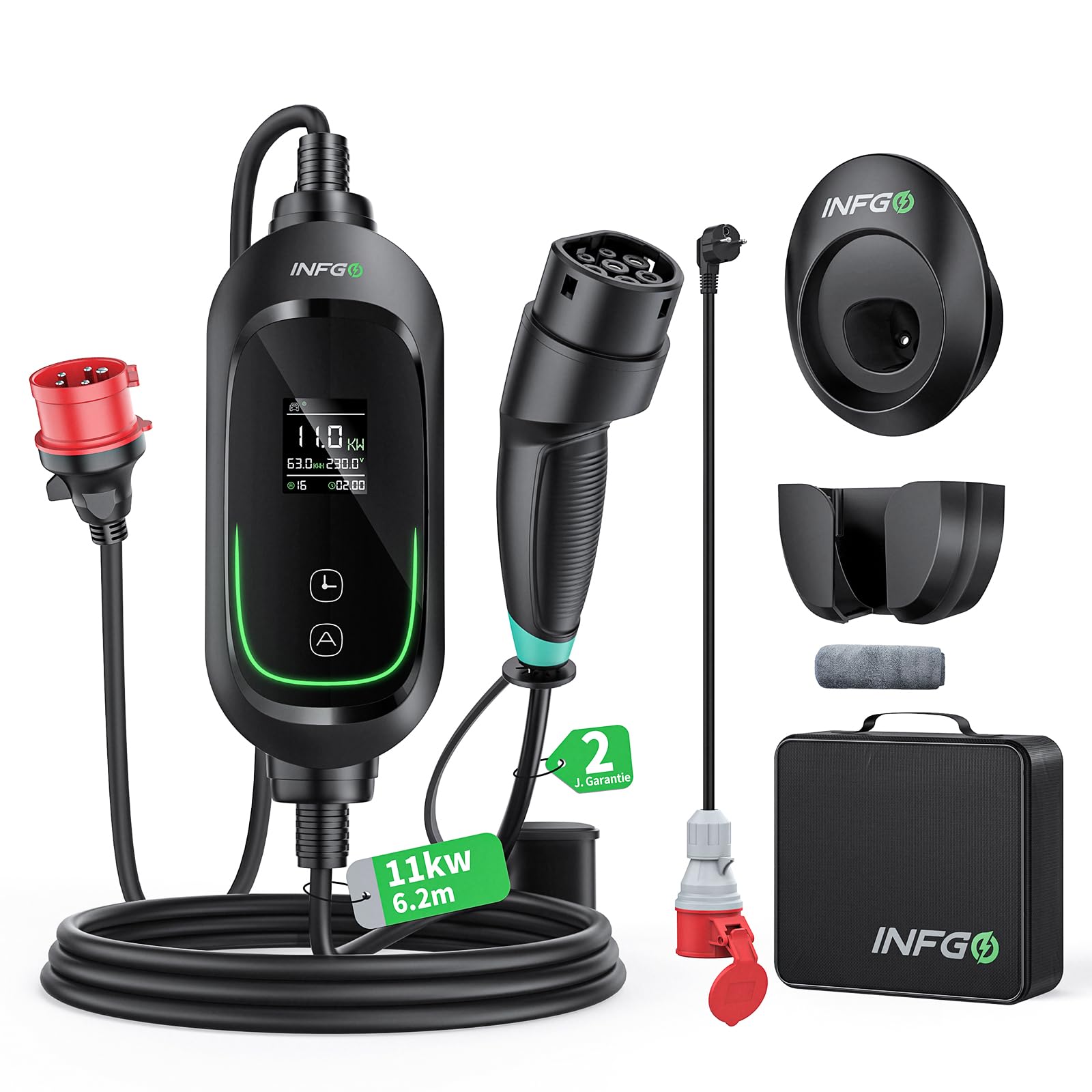 INFGO Mobile Wallbox 11kW [3-phasig, 6,2m, 6-16A], EV Charger mit Einstellbarer Ladeleistung & Timer-Funktion, Typ 2 Ladekabel CEE Stecker für Model Y/3, ID.3, i4, EQB, e-tron usw., Schwarz von INFGO