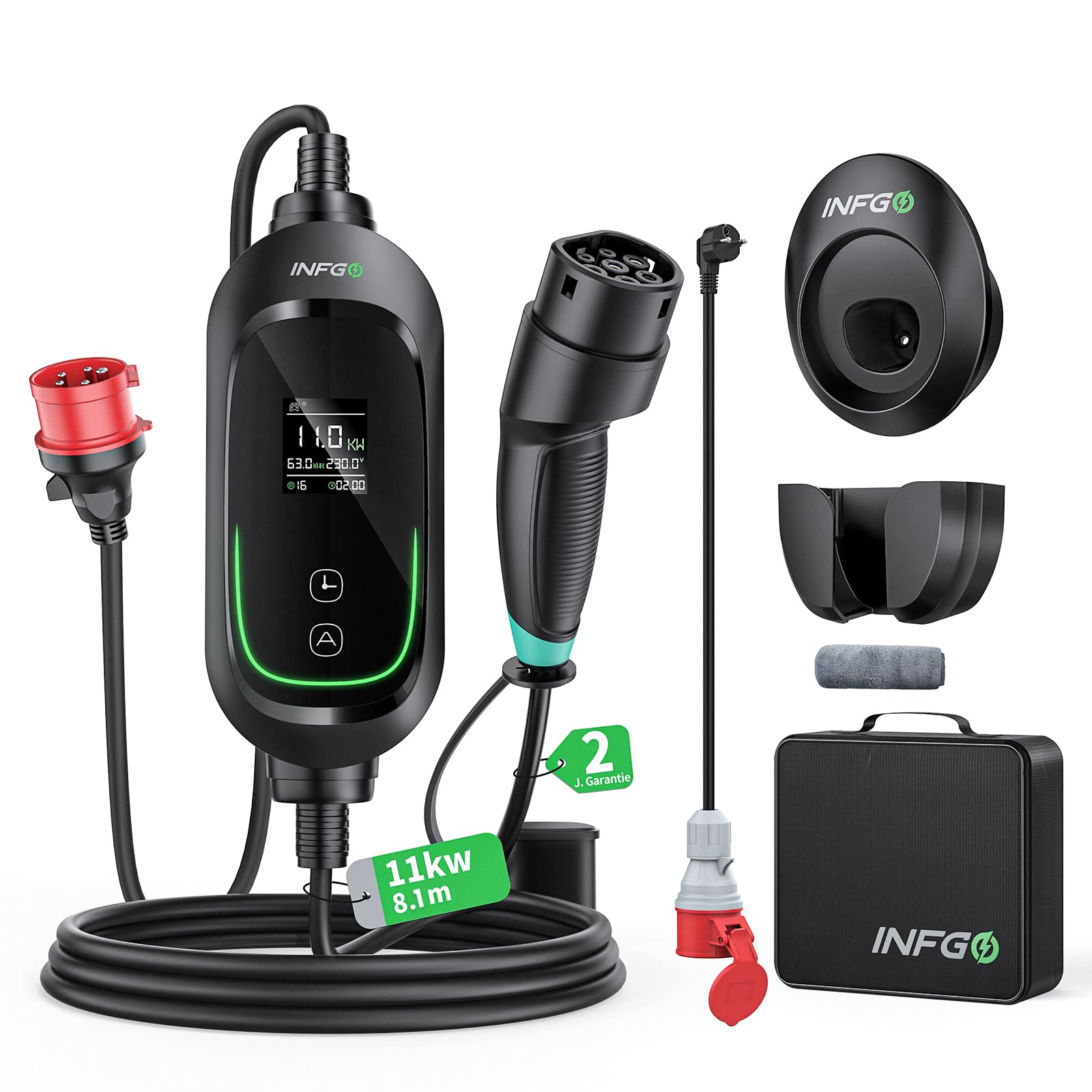 INFGO Mobile Wallbox 11kW [3-phasig, 8,1m, 6-16A], EV Charger mit Einstellbarer Ladeleistung & Timer-Funktion, Typ 2 Ladekabel CEE Stecker für Model Y/3, ID.3, i4, EQB, e-tron usw., Schwarz von INFGO