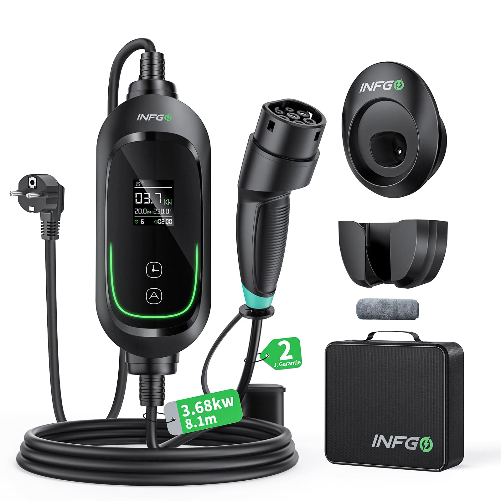 INFGO Mobile Wallbox 3,68kW [1-phasig, 8,1m, 6-16A], EV Charger mit Einstellbarer Ladeleistung, Timer-Funktion, Typ 2 Ladekabel Schuko für Model Y/3, ID.3, i4, EQB, e-tron und weitere PHEV/EV, Schwarz von INFGO