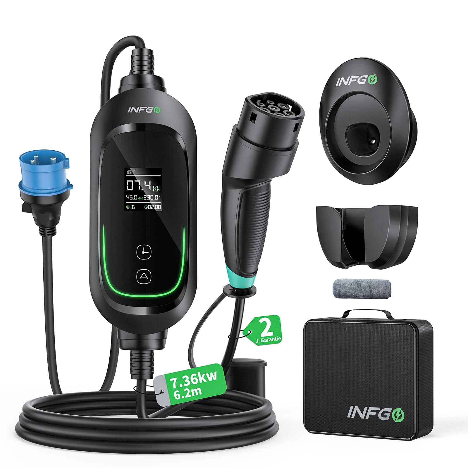 INFGO Mobile Wallbox 7,36kW [1-phasig, 6,2m, 6-32A], EV Charger mit Einstellbarer Ladeleistung, Timer-Funktion, Typ 2 Ladekabel CEE Stecker für Model Y/3, ID.3, i4, EQB, e-tron usw., Schwarz von INFGO