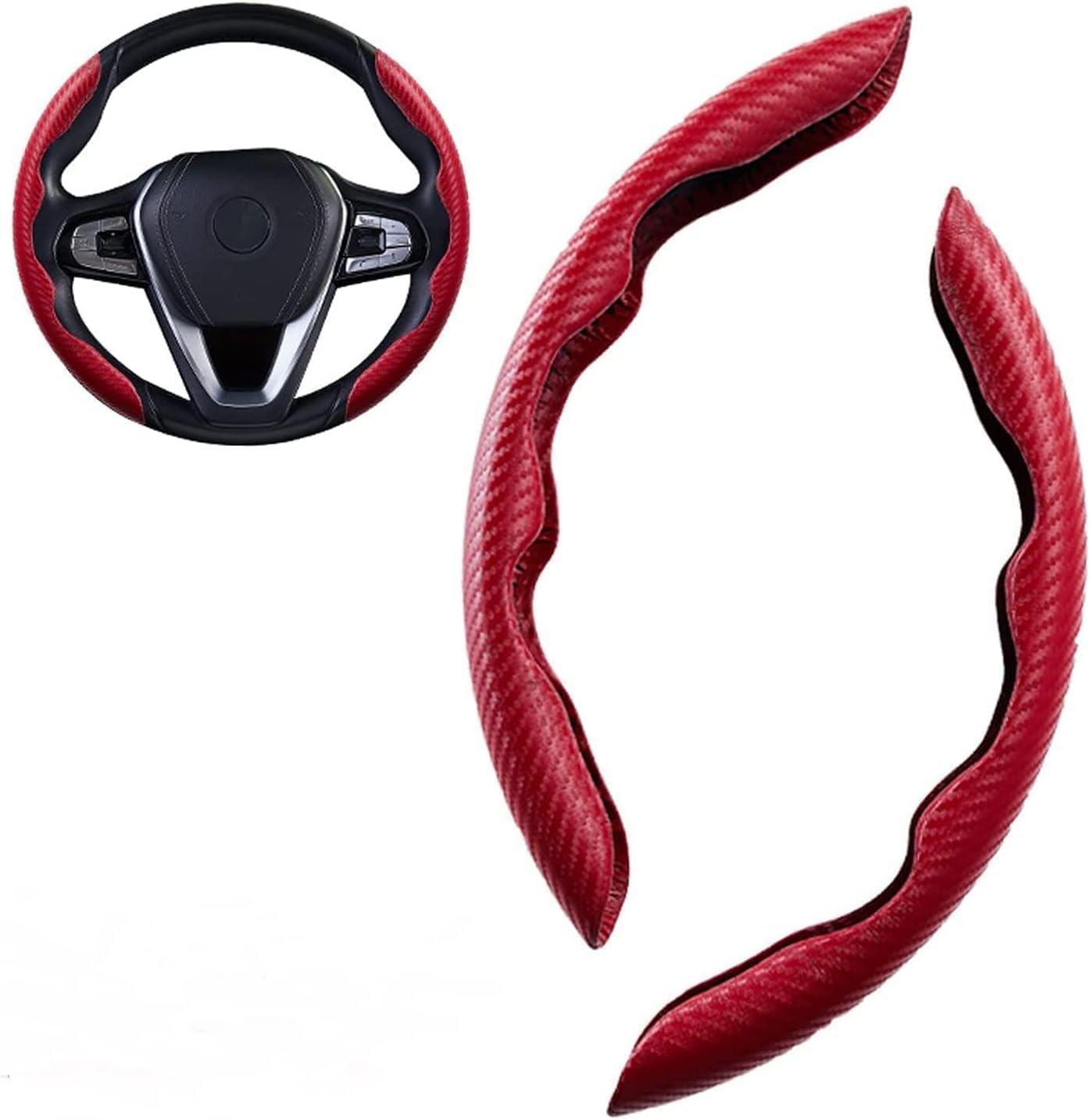 Pack of 2 Car Steering Wheel Cover for BMW M Sport F30 F31 F34 X1 F07 F10 F11 X2 F25 F32 F33 F36 F39 X3 F48,Non-Slip Wear-Resistant Carbon Fibre Steering Wheel Protector,B-Red von INGKE