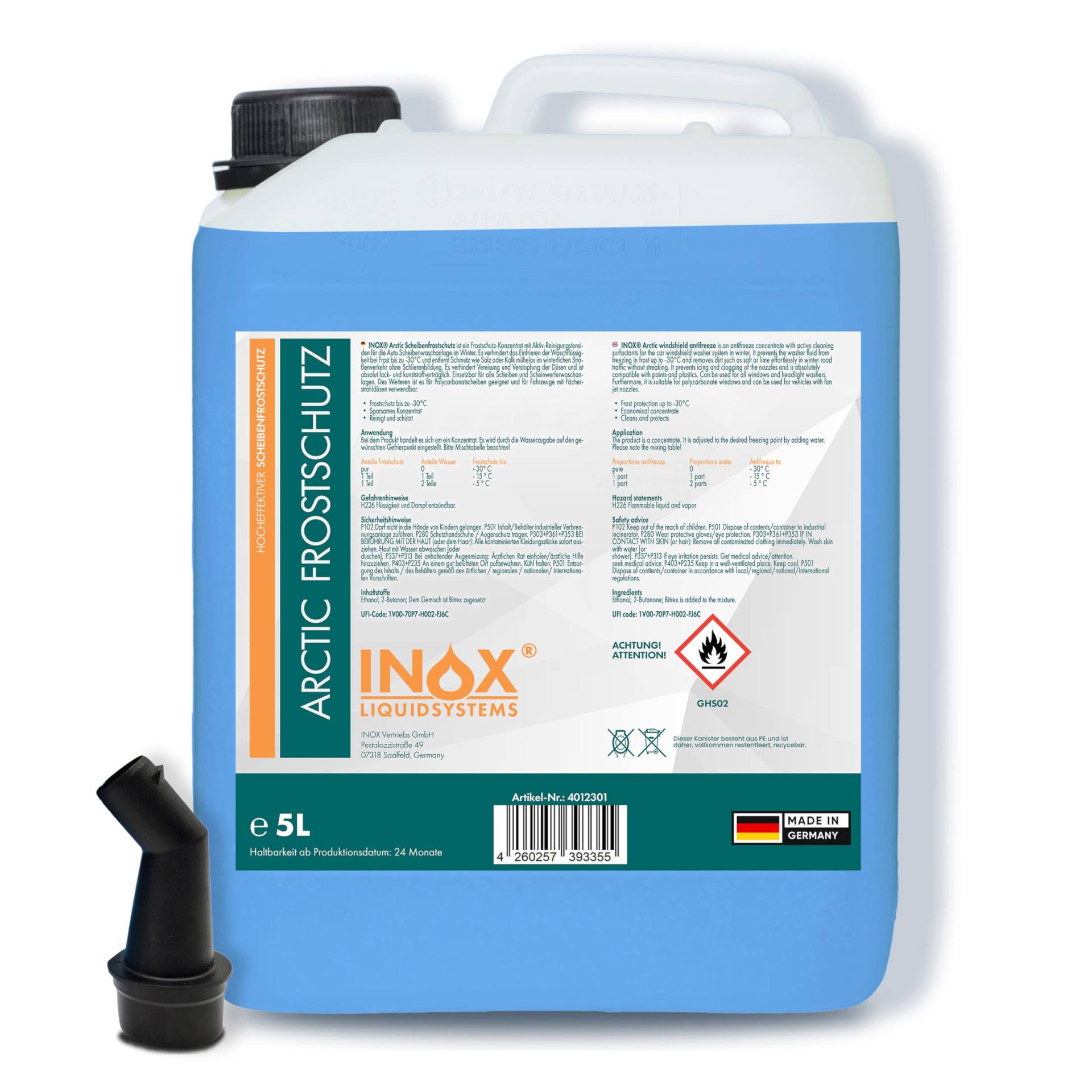 INOX® 5L Arctic Scheibenfrostschutz Konzentrat bis -30°C - Auto Frostschutzmittel Scheibenwaschanlage - Scheibenwischwasser schlierenfrei von INOX-LIQUIDSYSTEMS