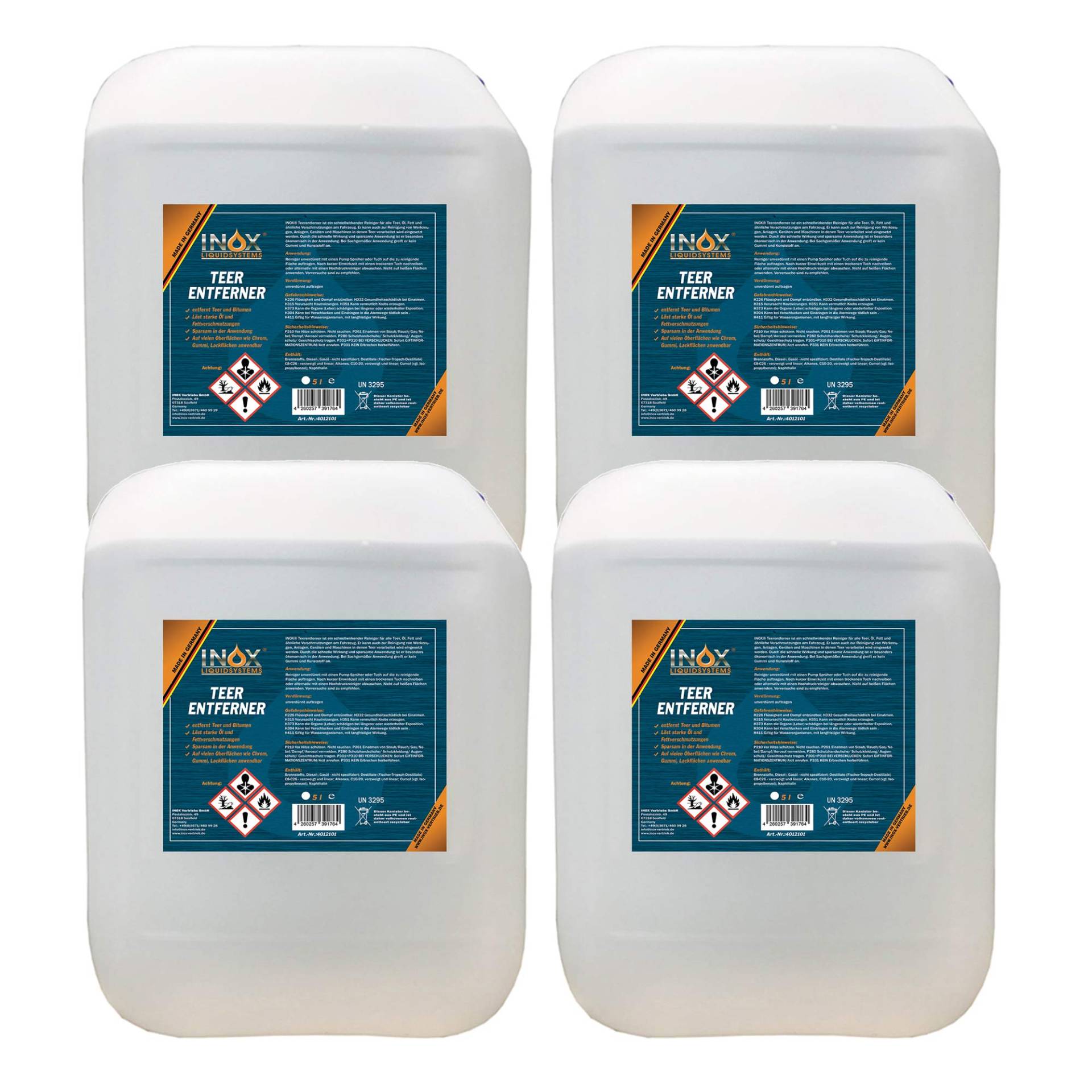 INOX® Auto Teerentferner 4 x 5L - Teerreiniger für Innenraum und Außen - Klebstoffentferner Baumharzentferner - Industriereiniger schonend zu Autolack und Chrom von INOX-LIQUIDSYSTEMS