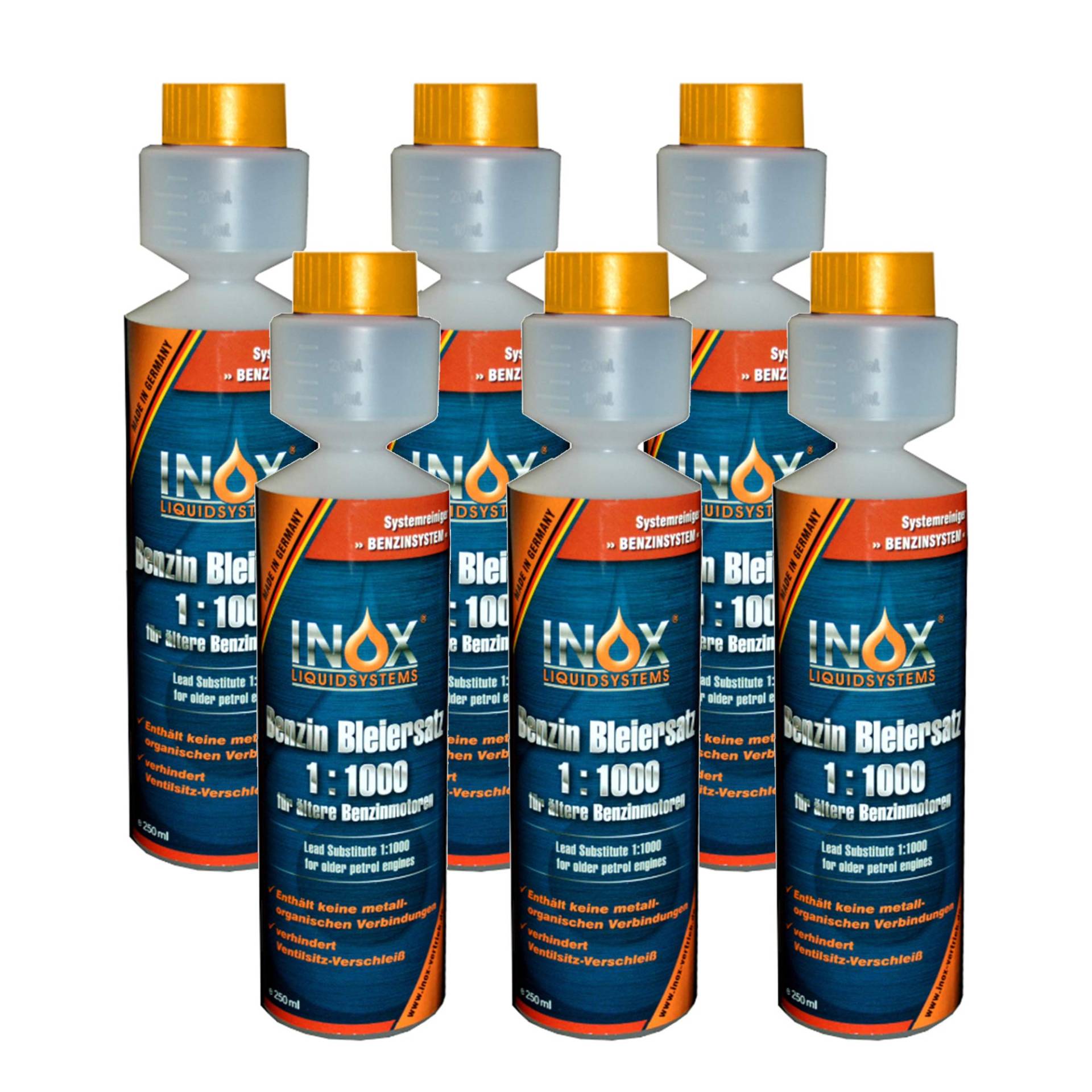 INOX® Benzin Blei Ersatz 1:1000, 6 x 250 ml - Kraftstoffadditiv für ältere Benzinmotoren gegen Leistungsabfall und Motorschäden von INOX-LIQUIDSYSTEMS