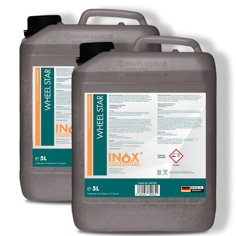 INOX® Felgenreiniger 2 x 5L - Hocheffektiver Reiniger für lackierte Stahl-, Chrom- & Alufelgen - Entfernt schnell & zuverlässig hartnäckigen Schmutz & Rost - Ideale Felgenpflege in Profiqualität von INOX-LIQUIDSYSTEMS