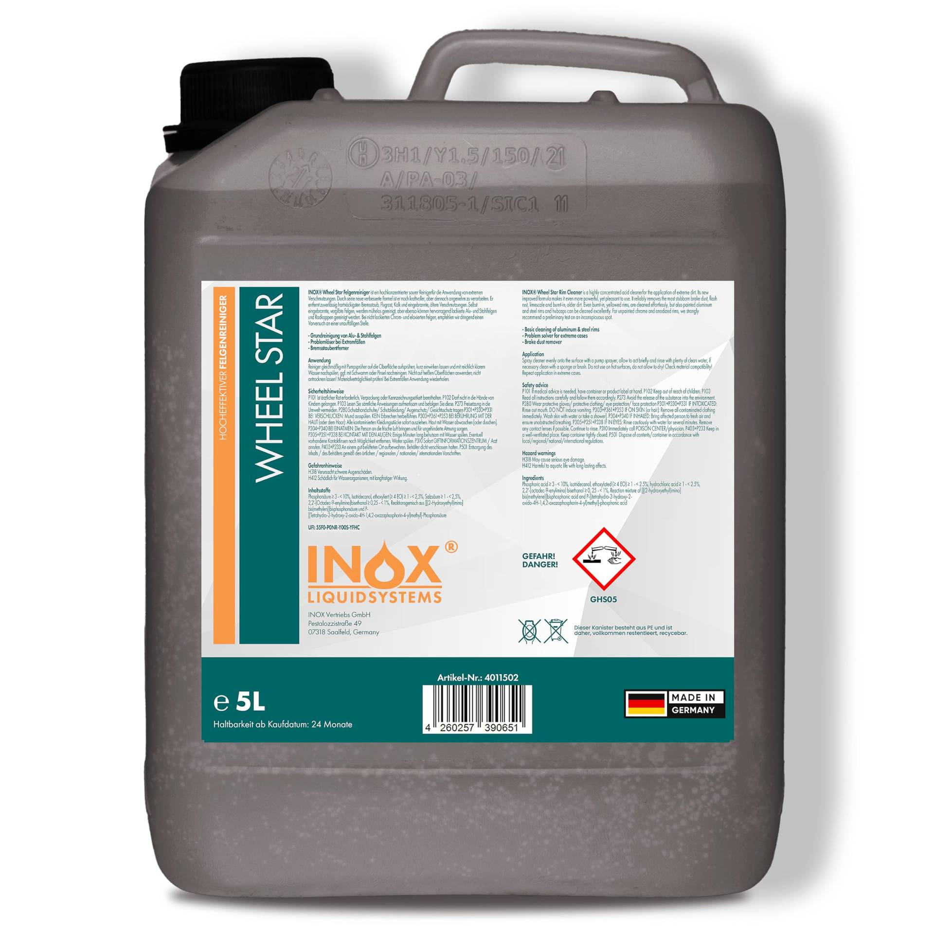 INOX® Felgenreiniger 5L - Hocheffektiver Reiniger für lackierte Stahl-, Chrom- & Alufelgen - Entfernt schnell & zuverlässig hartnäckigen Schmutz & Rost - Ideale Felgenpflege in Profiqualität von INOX-LIQUIDSYSTEMS