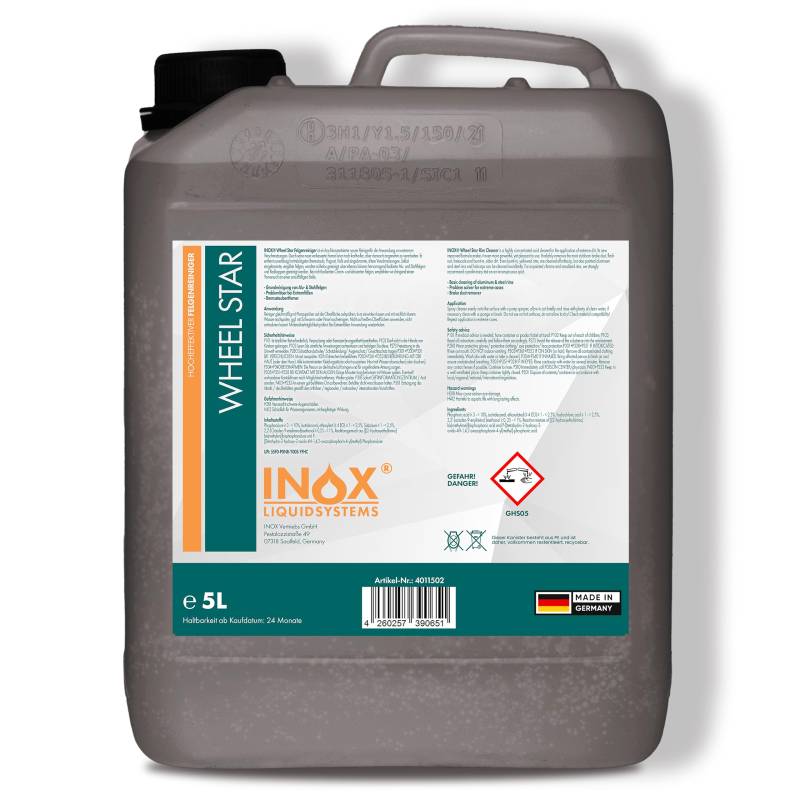 INOX® Felgenreiniger 5L | Hocheffektiver Felgenreiniger für Alufelgen, Stahl- & Chromfelgen | Entfernt hartnäckigen Schmutz, Bremsstaub & Flugrost | Profi-Autopflege für glänzende Felgen von INOX-LIQUIDSYSTEMS