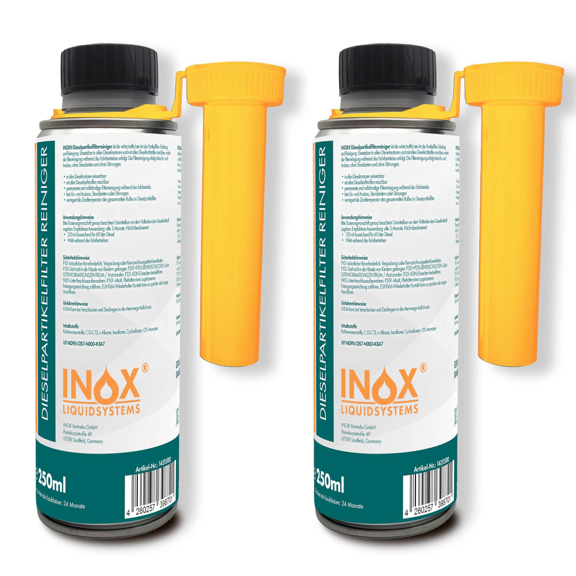 INOX® - Hochwirksamer Dieselpartikelfilter Reiniger 2 x 250ml | Diesel Additiv für alle Dieselmotoren | Dieselpartikelfilter Reiniger als Diesel Zusatz zur einfachen Anwendung von INOX-LIQUIDSYSTEMS