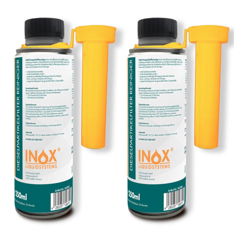 INOX® - Hochwirksamer Dieselpartikelfilter Reiniger 2 x 250ml | Diesel Additiv für alle Dieselmotoren | Dieselpartikelfilter Reiniger als Diesel Zusatz zur einfachen Anwendung von INOX-LIQUIDSYSTEMS