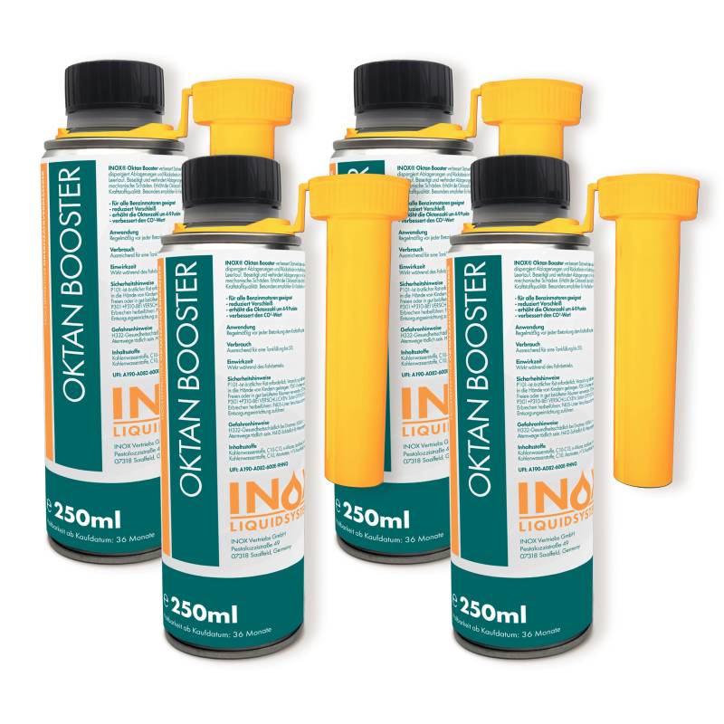 INOX® - Hochwirksamer Oktan Booster 4X 250ml | Systemreiniger reduziert den Kraftstoffverbrauch | Benzin Additiv für bessere Verbrennung | Motorsystemreiniger für alle Benzinmotoren von INOX-LIQUIDSYSTEMS