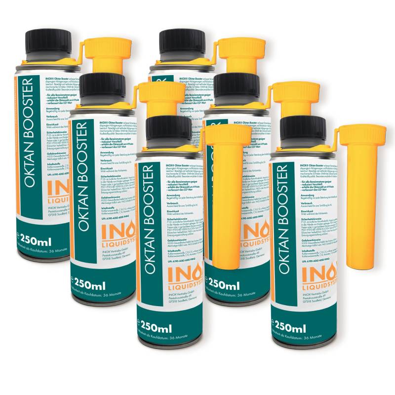 INOX® - Hochwirksamer Oktan Booster 6x250ml | Systemreiniger reduziert den Kraftstoffverbrauch | Benzin Additiv für bessere Verbrennung | Motorsystemreiniger für alle Benzinmotoren von INOX-LIQUIDSYSTEMS