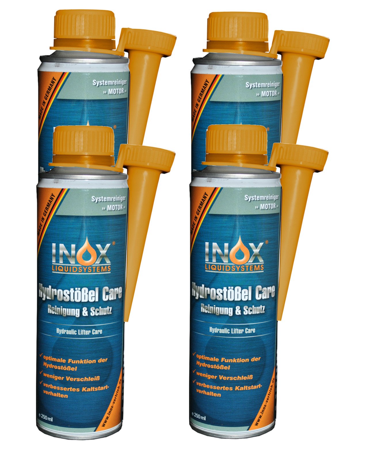 INOX® Hydrostößel Care Reinigung, 4 x 250 ml - Reiniger & Schutz Additiv für alle Benzin- und Dieselmotoren, weniger Verschleiß und verbessertes Kaltstartverhalten von INOX-LIQUIDSYSTEMS