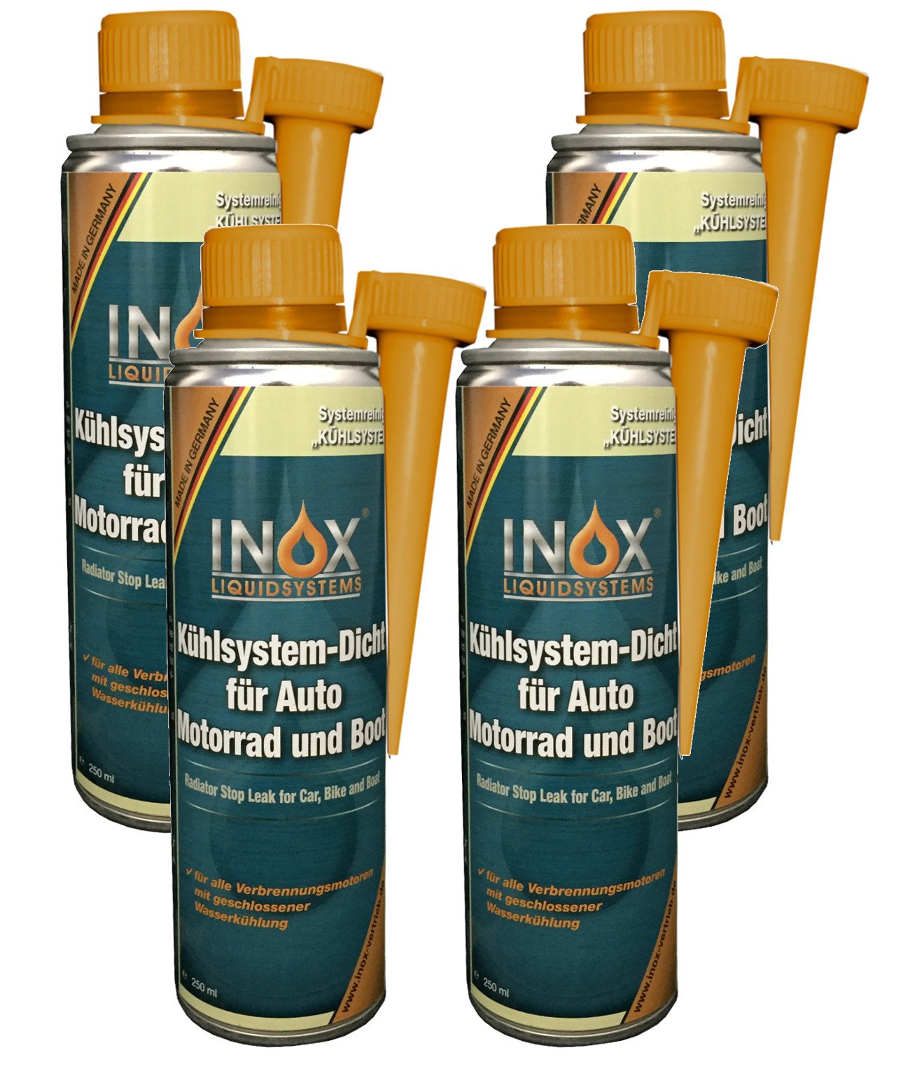 INOX® Kühlsystem Dicht Additiv Kühlsystempflege Aufbereitung, 4 x 250ml - Dichtmittel für Kühlsysteme für alle Verbrennungsmotoren mit Wasserkühlung geeignet von INOX-LIQUIDSYSTEMS