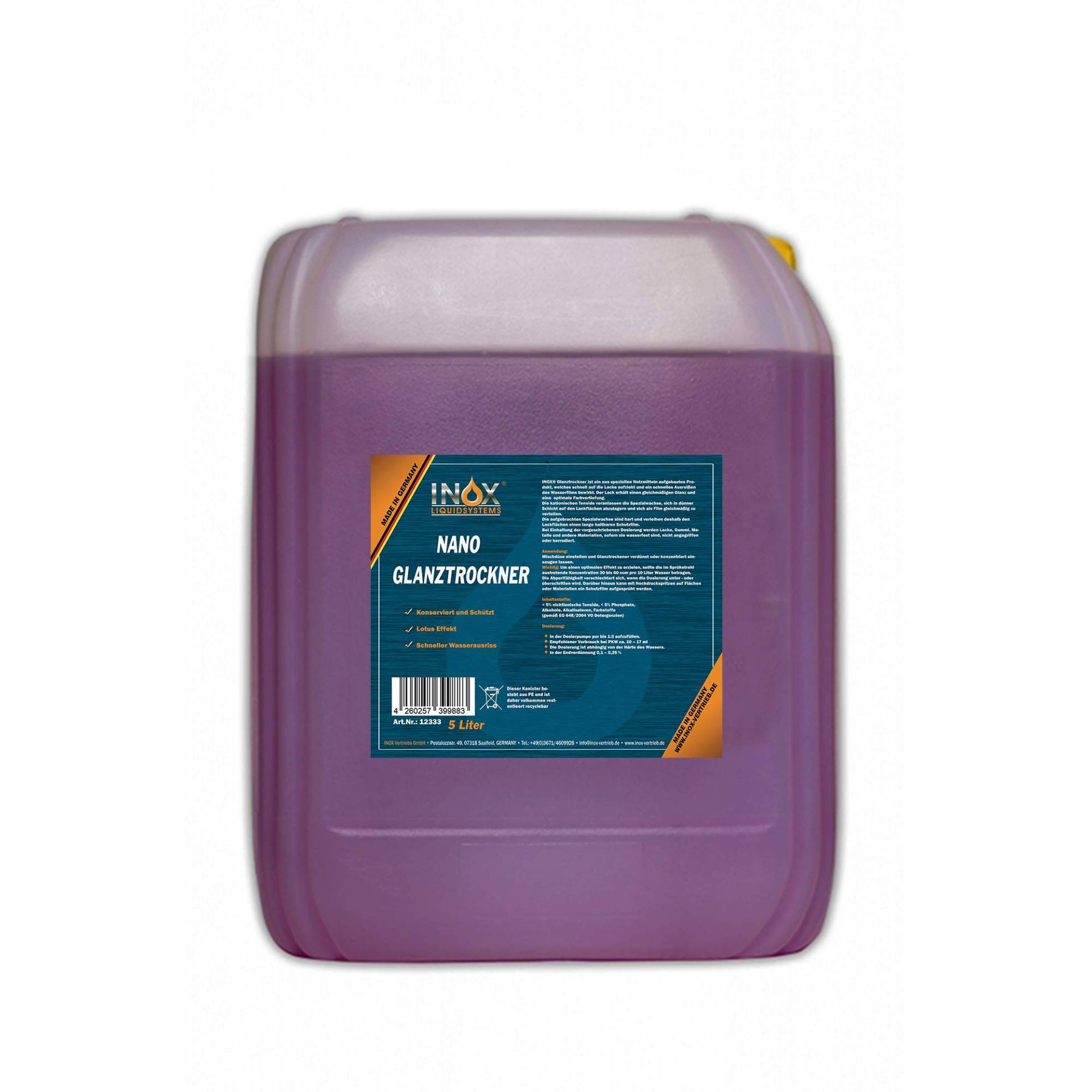 INOX® Nano Glanztrockner Konzentrat, 5 Liter – Hochglanztrockner für Waschstraßen und Waschanlagen, Autowäsche & Autopflege von INOX-LIQUIDSYSTEMS