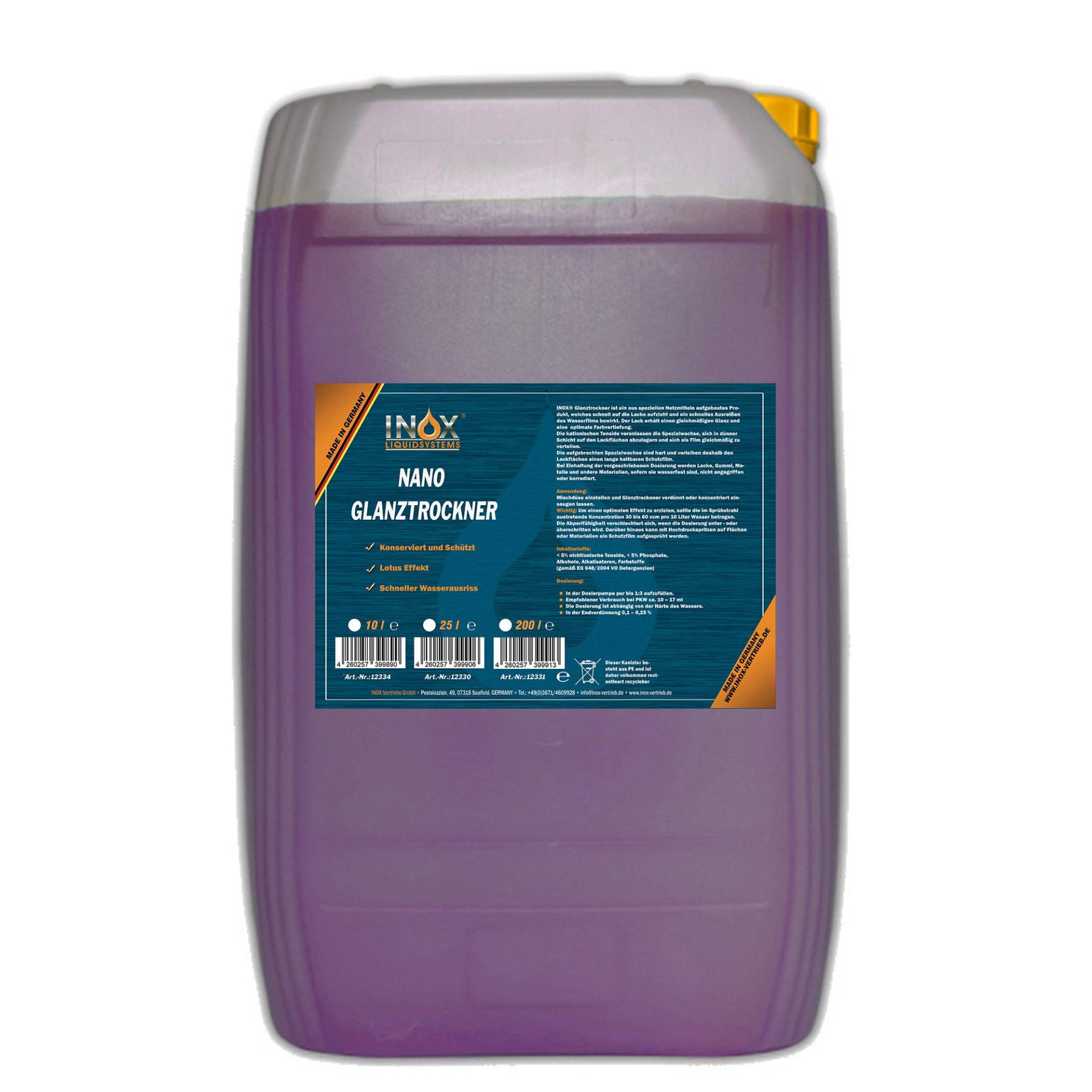 INOX® Nano Glanztrockner Konzentrat, 25 Liter – Hochglanztrockner für Waschstraßen und Waschanlagen, Autowäsche & Autopflege von INOX-LIQUIDSYSTEMS