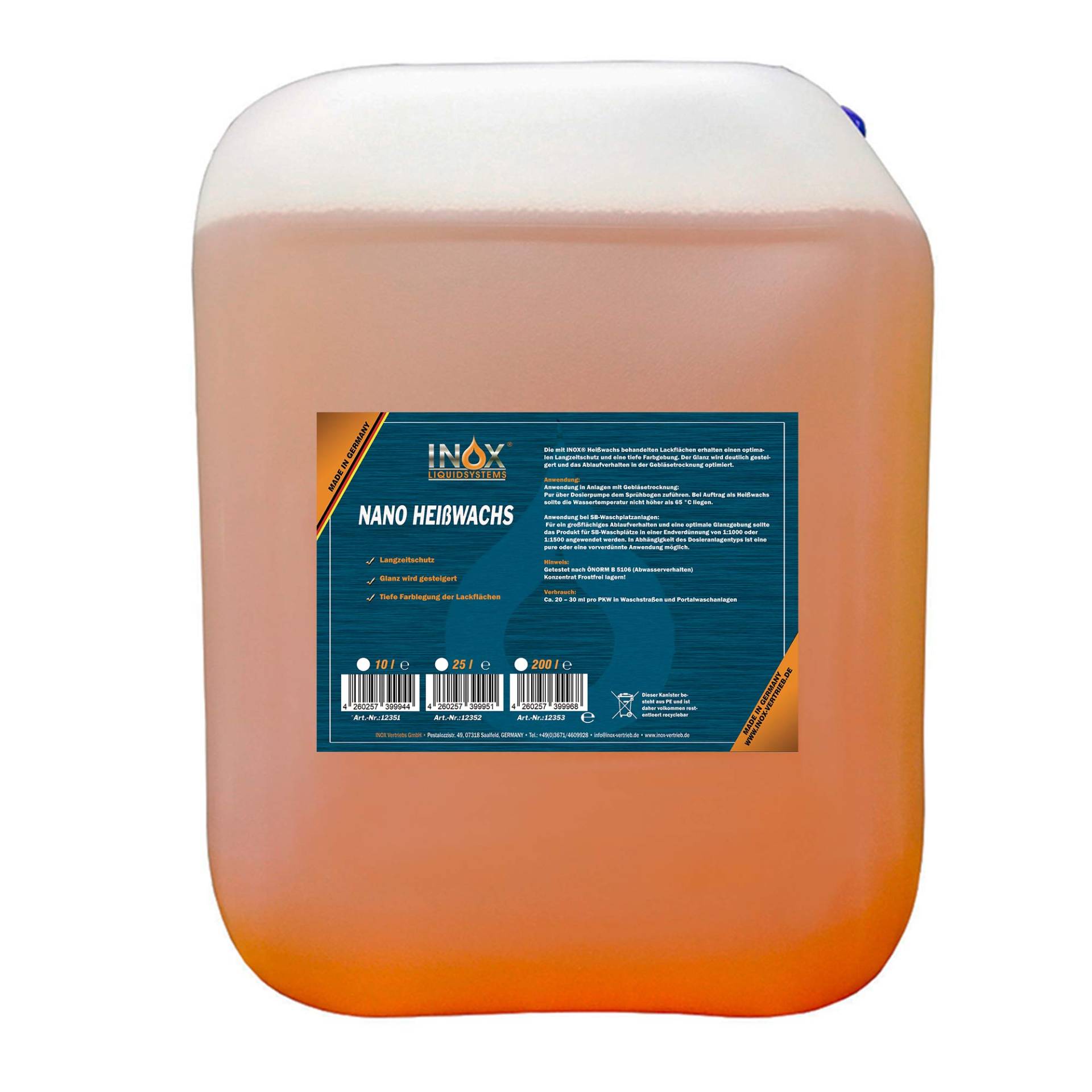 INOX® Nano Heißwachs Konzentrat, 10 Liter – Sprühwachs für Waschstraßen und Waschanlagen, Autowäsche & Lackpflege von INOX-LIQUIDSYSTEMS