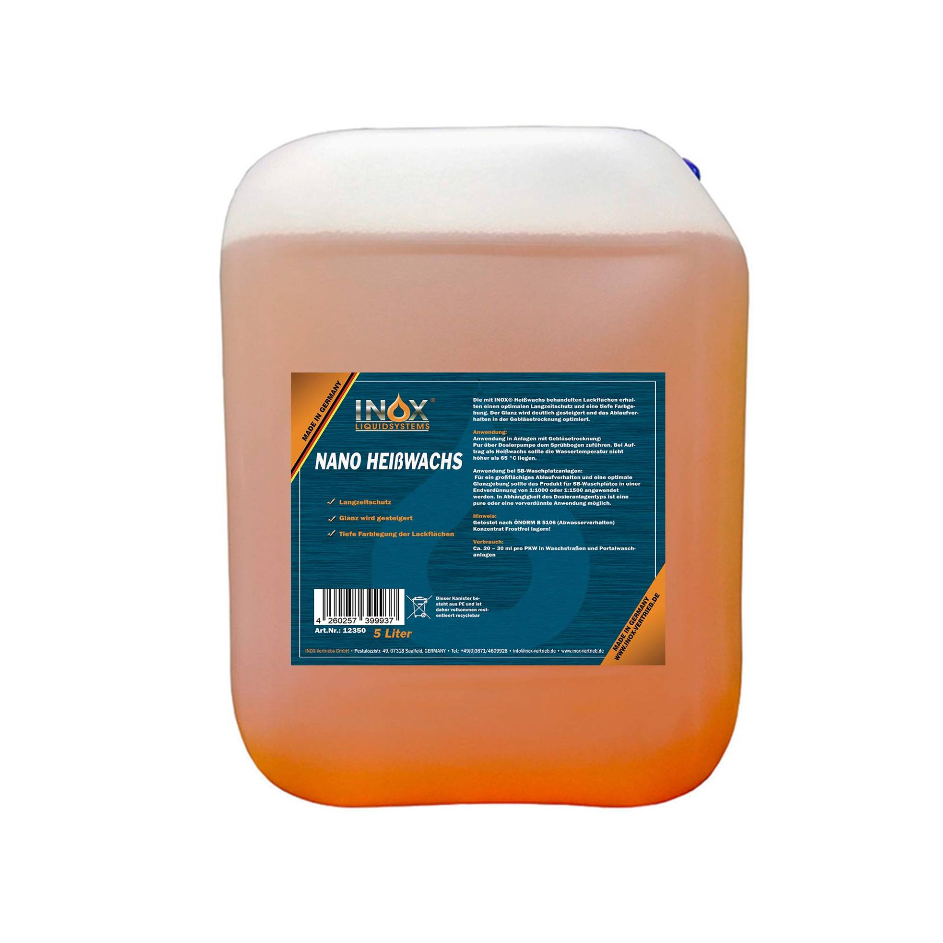INOX® Nano Heißwachs Konzentrat, 5 Liter – Sprühwachs für Waschstraßen und Waschanlagen, Autowäsche & Lackpflege von INOX-LIQUIDSYSTEMS