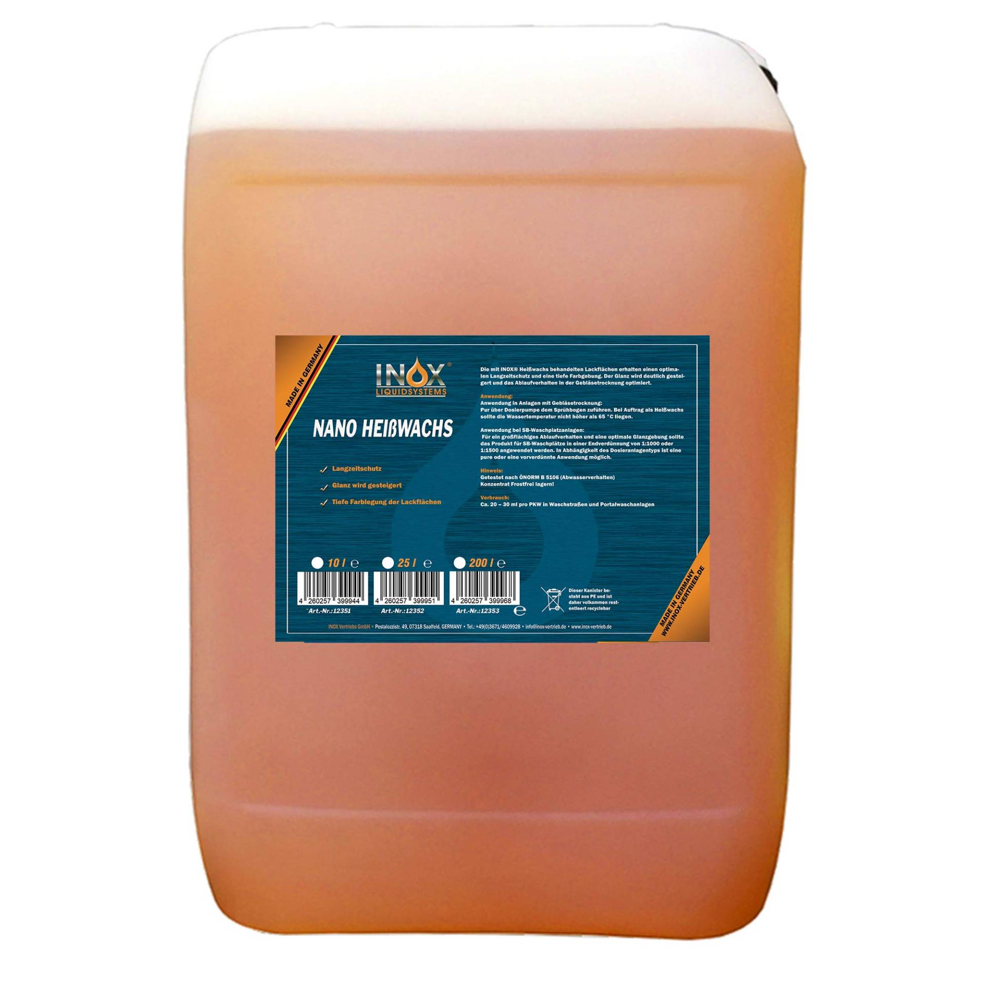 INOX® Nano Heißwachs Konzentrat, 25 Liter – Sprühwachs für Waschstraßen und Waschanlagen, Autowäsche & Lackpflege von INOX-LIQUIDSYSTEMS