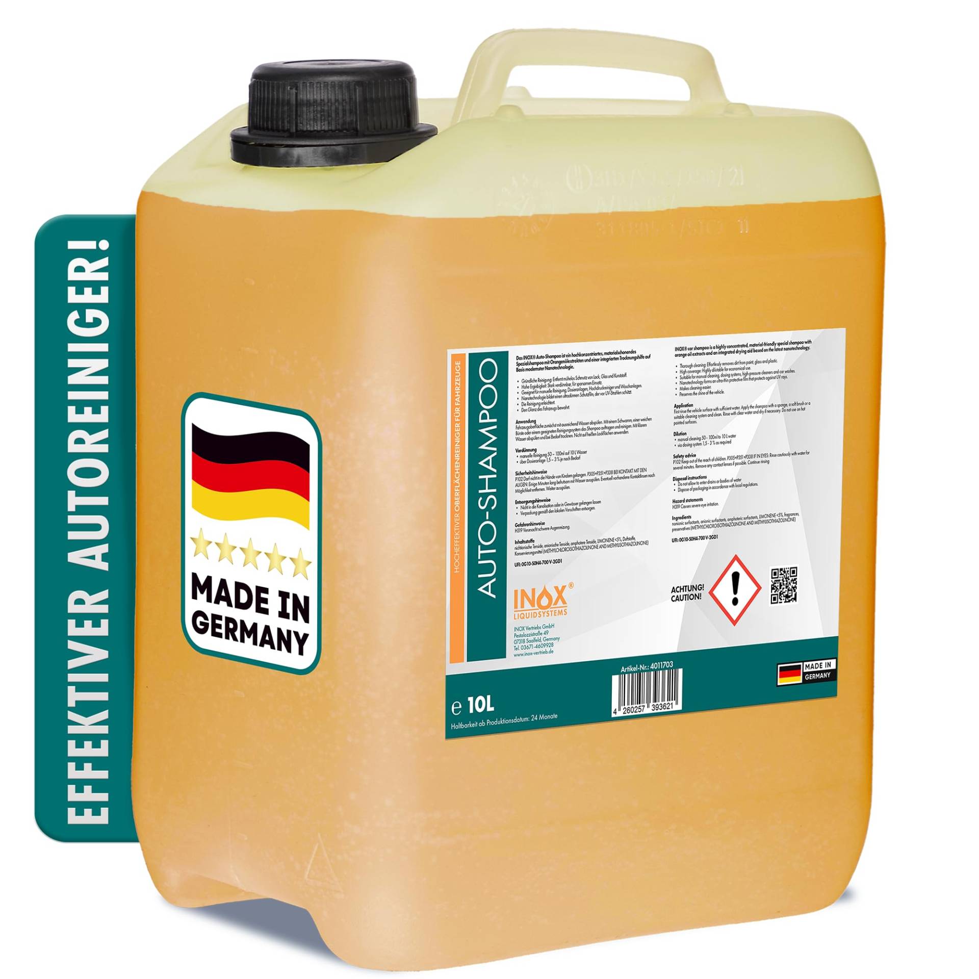 INOX® - Nano Line Autoshampoo Konzentrat im praktischen 10L Kanister | Autoreiniger für PKW, LKW, Wohnmobil und Motorrad | Autoshampoo für Hochdruckreiniger | Sanfte Reinigung von INOX-LIQUIDSYSTEMS