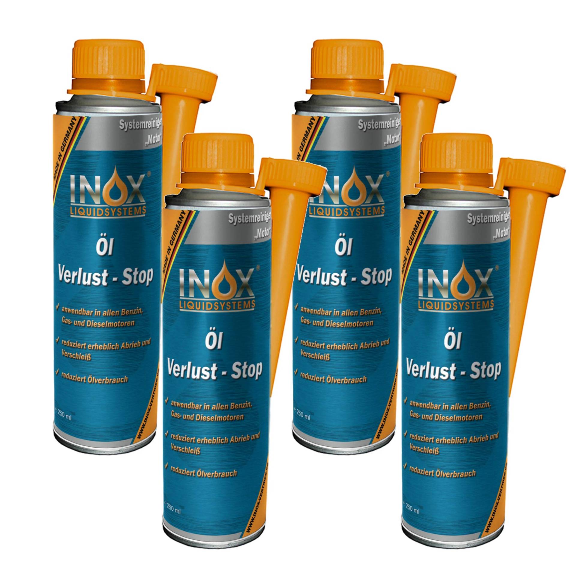 INOX® Öl Verlust Stop Additiv, 4 x 250ml - Öl-Zusatz verhindert Ölleck im Motor, für alle KFZ Motoren von INOX-LIQUIDSYSTEMS