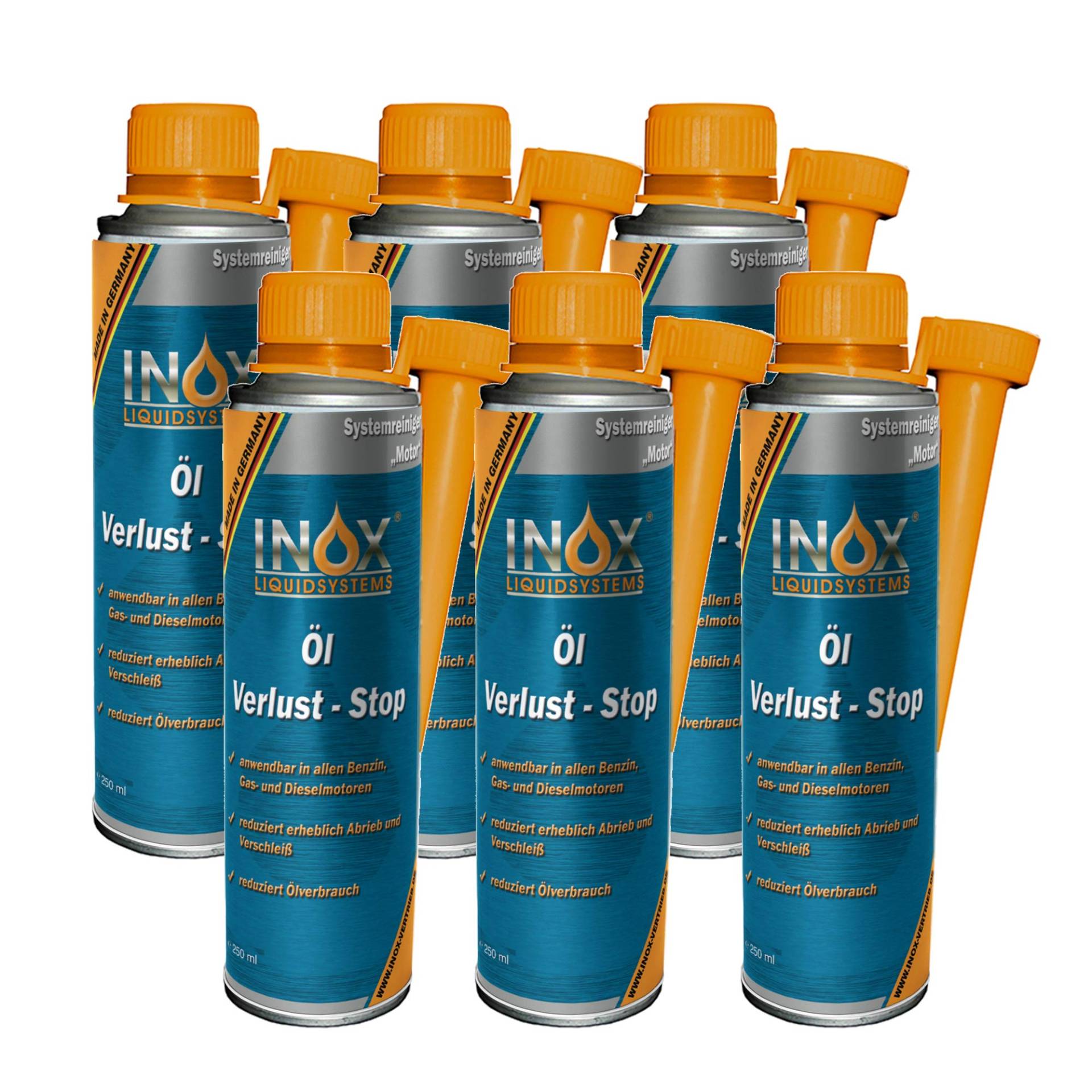 INOX® Öl Verlust Stop Additiv, 6 x 250ml - Öl-Zusatz verhindert Ölleck im Motor, für alle KFZ Motoren von INOX-LIQUIDSYSTEMS