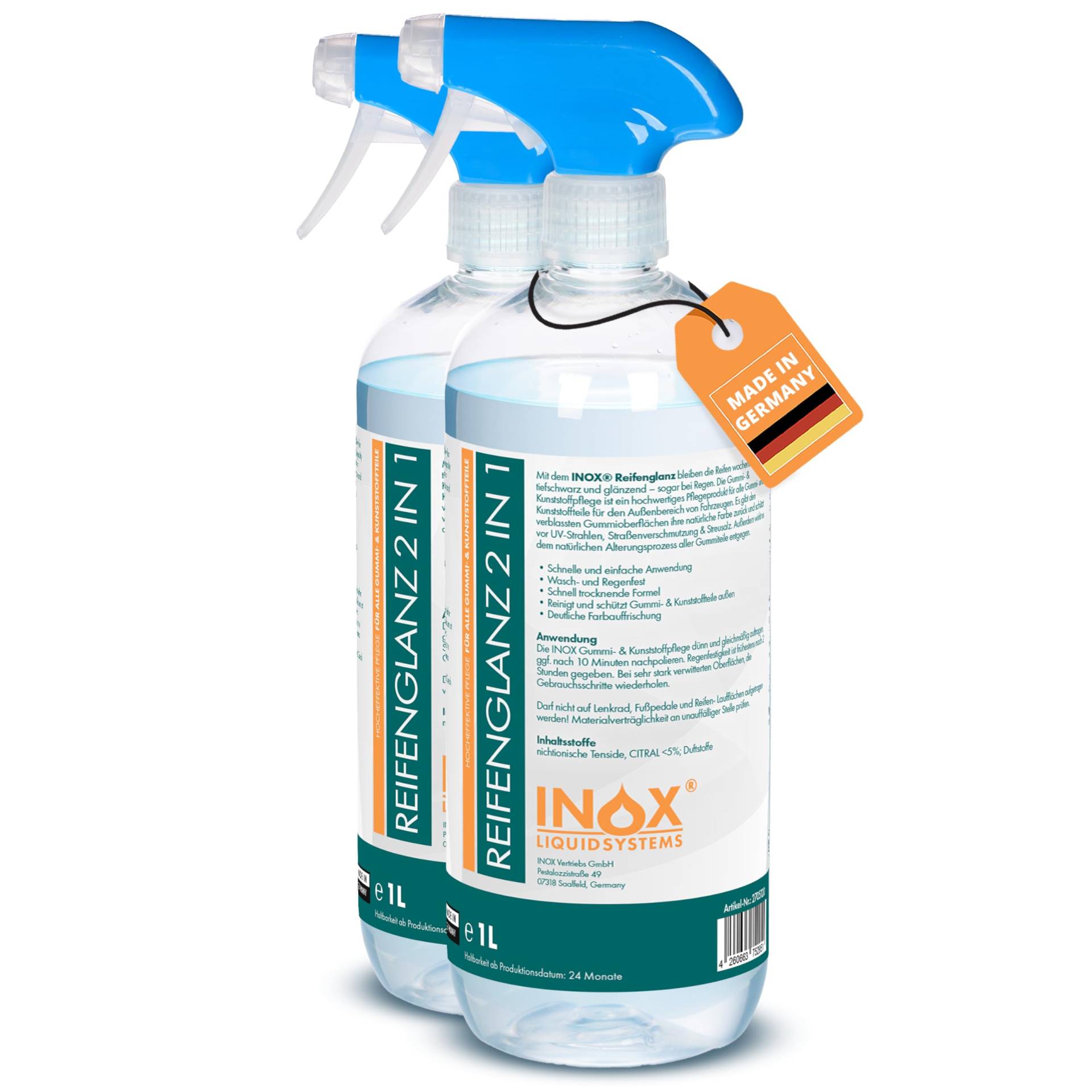 INOX® Reifenglanz - 2x1L Auto Kunststoffpflege & Gummipflege für Außen - Schwarz - Reifenpflege für Reifenglanz - Autoreifen Pflege und Reifen Reiniger - Reifenschwarz Auto von INOX-LIQUIDSYSTEMS